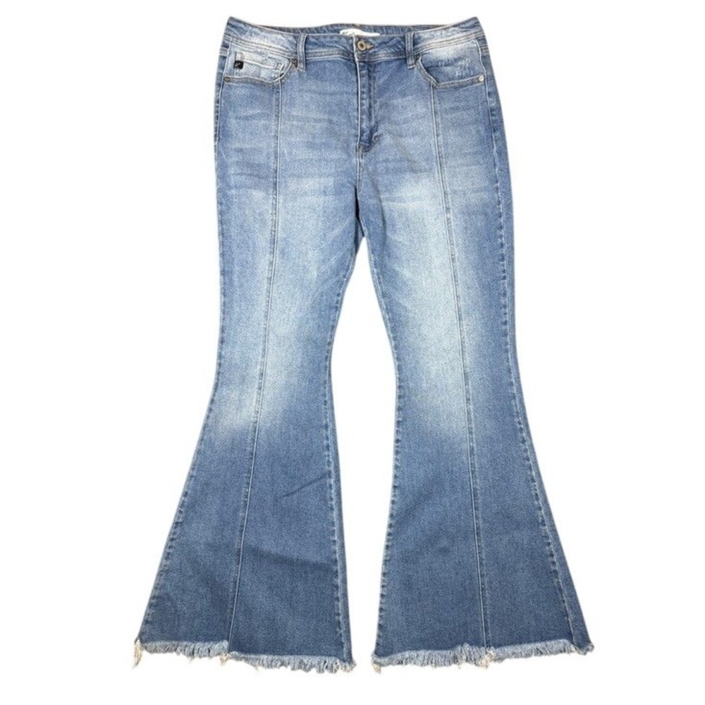 KanCan Maurices Women Blue High Rise Flare Jeans Seam Front Raw Hem Sz 31 123137